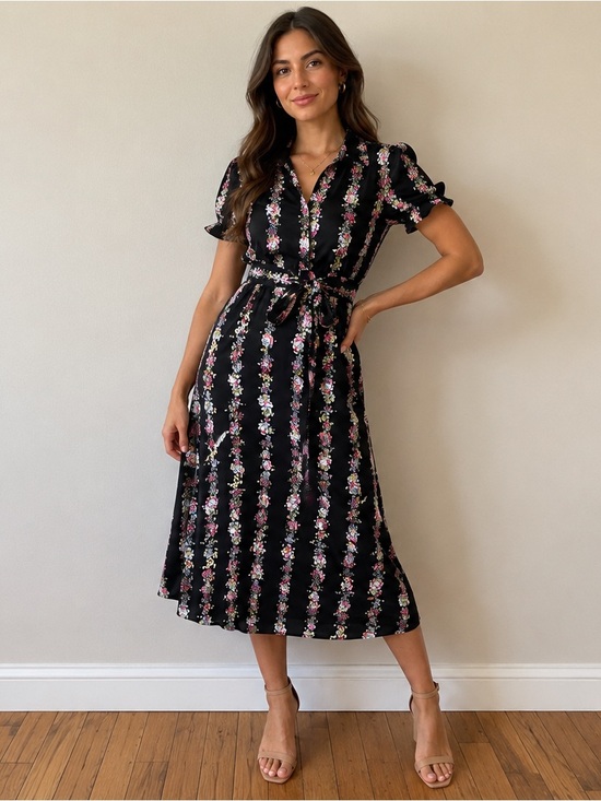 FIFILLES Paris Dresses & Skirts - Vintage 1990s Black Midi Dress with Pink Floral stripes and Tie Waist